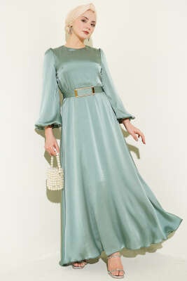 Ayna Kemerli Balon Kol Abiye Elbise Çağla Yeşili - BERAT TEKSTİL