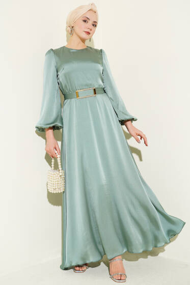 Ayna Kemerli Balon Kol Abiye Elbise Çağla Yeşili - Elbise