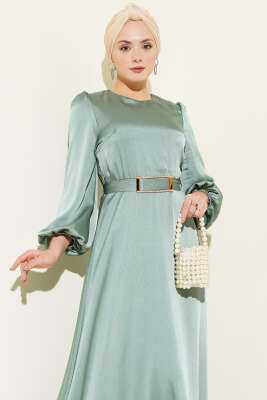 Ayna Kemerli Balon Kol Abiye Elbise Çağla Yeşili - Elbise