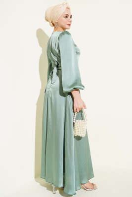 Ayna Kemerli Balon Kol Abiye Elbise Çağla Yeşili - Elbise