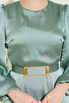 Ayna Kemerli Balon Kol Abiye Elbise Çağla Yeşili - Elbise