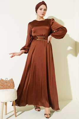 Ayna Kemerli Balon Kol Abiye Elbise Kahve - BERAT TEKSTİL