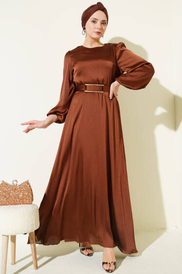 Ayna Kemerli Balon Kol Abiye Elbise Kahve - Elbise