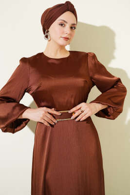 Ayna Kemerli Balon Kol Abiye Elbise Kahve - Elbise