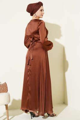 Ayna Kemerli Balon Kol Abiye Elbise Kahve - Elbise