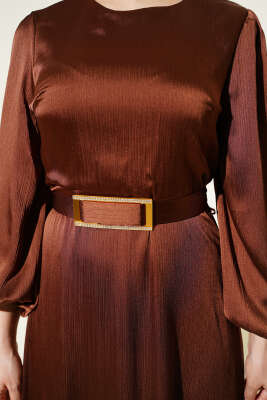 Ayna Kemerli Balon Kol Abiye Elbise Kahve - Elbise