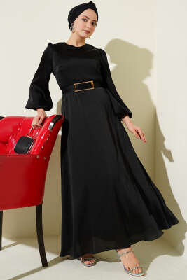 Ayna Kemerli Balon Kol Abiye Elbise Siyah - BERAT TEKSTİL