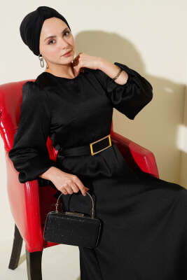 Ayna Kemerli Balon Kol Abiye Elbise Siyah - Elbise