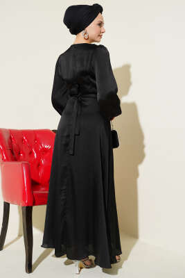 Ayna Kemerli Balon Kol Abiye Elbise Siyah - Elbise