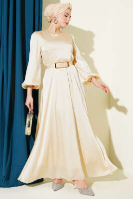 Ayna Kemerli Balon Kol Abiye Elbise Bej - BERAT TEKSTİL