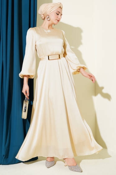 Ayna Kemerli Balon Kol Abiye Elbise Bej - Elbise