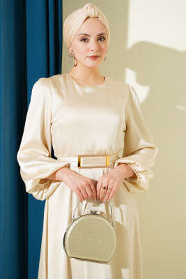 Ayna Kemerli Balon Kol Abiye Elbise Bej - Elbise