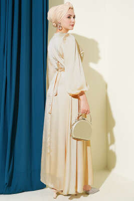 Ayna Kemerli Balon Kol Abiye Elbise Bej - Elbise