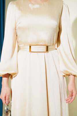 Ayna Kemerli Balon Kol Abiye Elbise Bej - Elbise