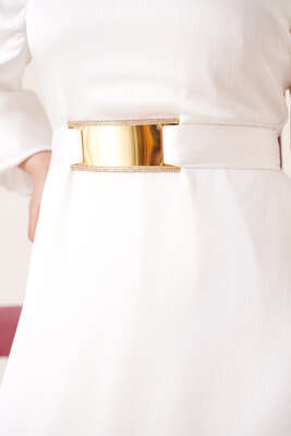 Ayna Kemerli Balon Kol Elbise Beyaz - Thumbnail