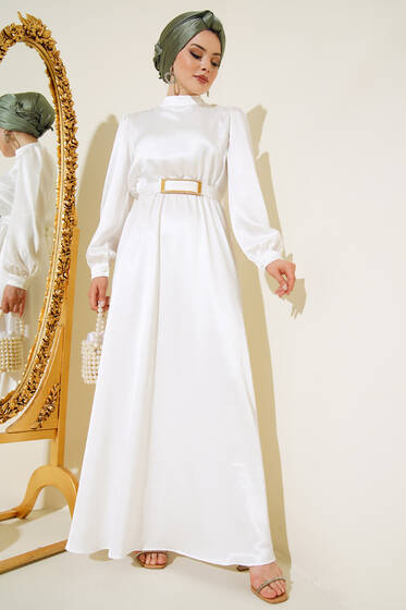 Ayna Kemerli Saten Elbise Ekru - Tesettür Elbise
