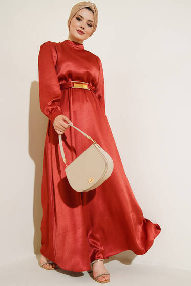 Ayna Kemerli Saten Elbise Kiremit - Tesettür Elbise