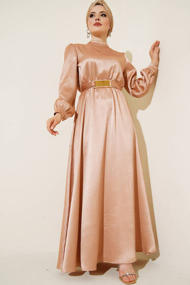 Ayna Kemerli Saten Elbise Latte - Tesettür Elbise