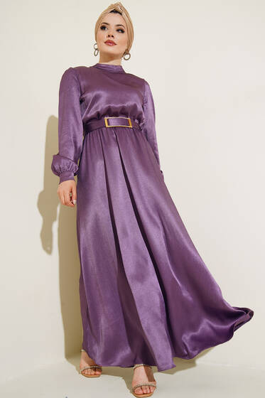 Ayna Kemerli Saten Elbise Lila - Tesettür Elbise