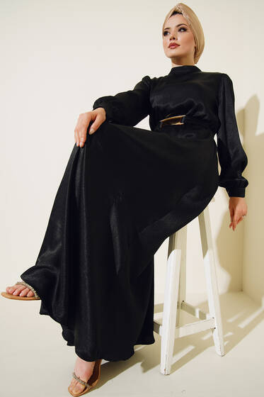 Ayna Kemerli Saten Elbise Siyah - Tesettür Elbise