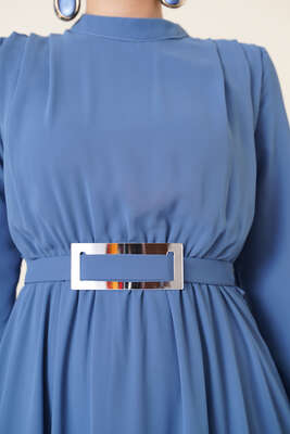 Ayna Kemerli Şifon Elbise İndigo - Thumbnail