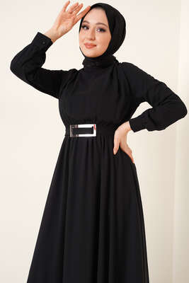 Ayna Kemerli Şifon Elbise Siyah - Thumbnail