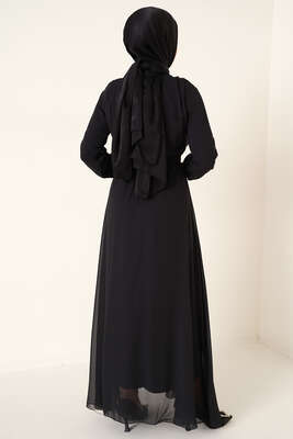 Ayna Kemerli Şifon Elbise Siyah - Thumbnail