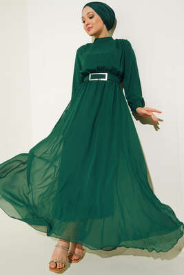 Ayna Kemerli Şifon Elbise Yeşil - Thumbnail