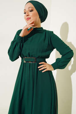 Ayna Kemerli Şifon Elbise Yeşil - Thumbnail