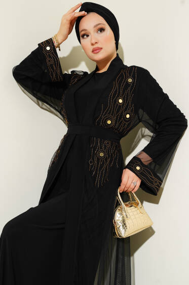 Ayna Taşlı Abaya Siyah - Elbise