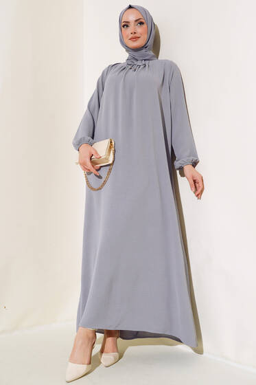 Ayrobin Geniş Elbise Gri - Tesettür Elbise