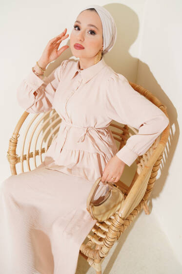 Ayrobin İp Bağcıklı Etekli İkili Takım Bej - İkili Takım