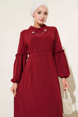 Ayrobin Kol Büzgülü Elbise Bordo 