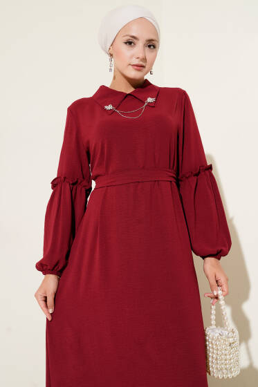 Ayrobin Kol Büzgülü Elbise Bordo - Tesettür Elbise