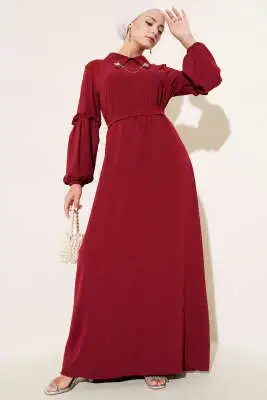Ayrobin Kol Büzgülü Elbise Bordo - Tesettür Elbise