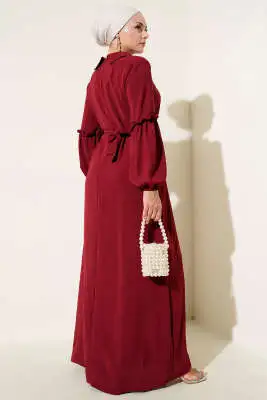 Ayrobin Kol Büzgülü Elbise Bordo - Tesettür Elbise