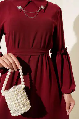 Ayrobin Kol Büzgülü Elbise Bordo - Tesettür Elbise