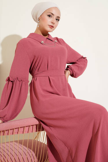 Ayrobin Kol Büzgülü Elbise Gül Kurusu - Elbise