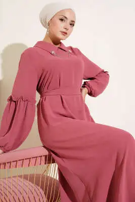 Ayrobin Kol Büzgülü Elbise Gül Kurusu 