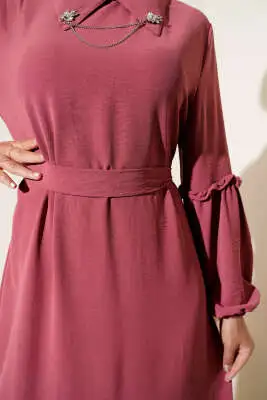 Ayrobin Kol Büzgülü Elbise Gül Kurusu - Tesettür Elbise