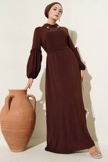 Ayrobin Kol Büzgülü Elbise Kahve - Elbise
