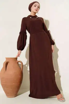 Ayrobin Kol Büzgülü Elbise Kahve 