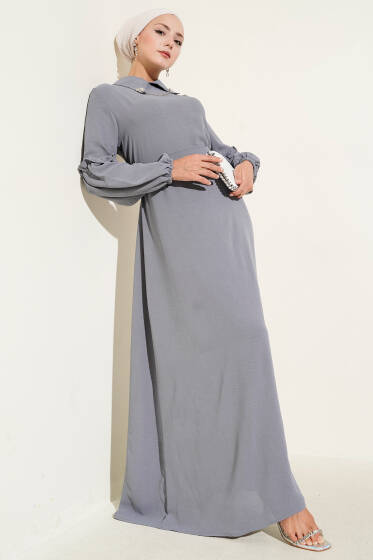 Ayrobin Kol Büzgülü Elbise Kayrak Grisi - Tesettür Elbise