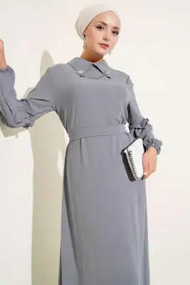 Ayrobin Kol Büzgülü Elbise Kayrak Grisi - Tesettür Elbise