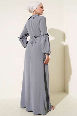 Ayrobin Kol Büzgülü Elbise Kayrak Grisi - Tesettür Elbise
