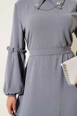 Ayrobin Kol Büzgülü Elbise Kayrak Grisi - Tesettür Elbise