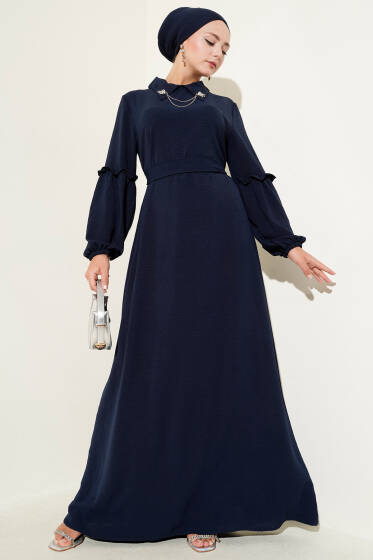 Ayrobin Kol Büzgülü Elbise Lacivert - Elbise