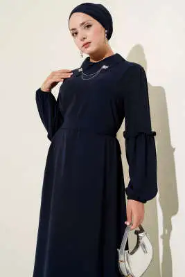 Ayrobin Kol Büzgülü Elbise Lacivert - Tesettür Elbise