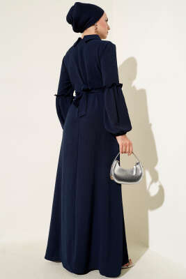 Ayrobin Kol Büzgülü Elbise Lacivert - Tesettür Elbise