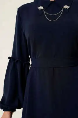 Ayrobin Kol Büzgülü Elbise Lacivert - Tesettür Elbise